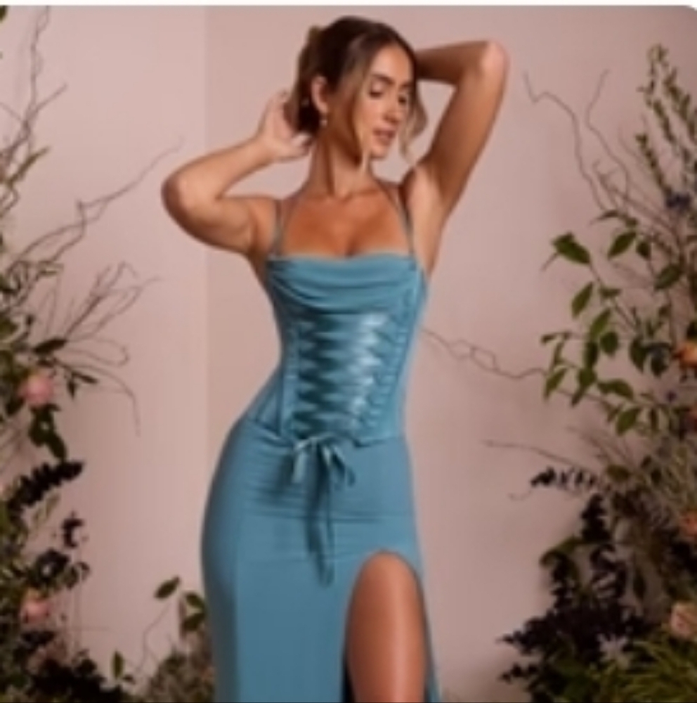 Oh Polly Teal Strapless Lace-Up Dress